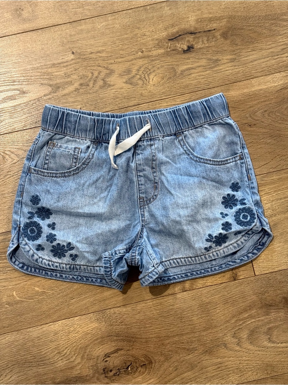 Cat & Jack Light Blue Denim Shorts with Navy Floral Embroidery